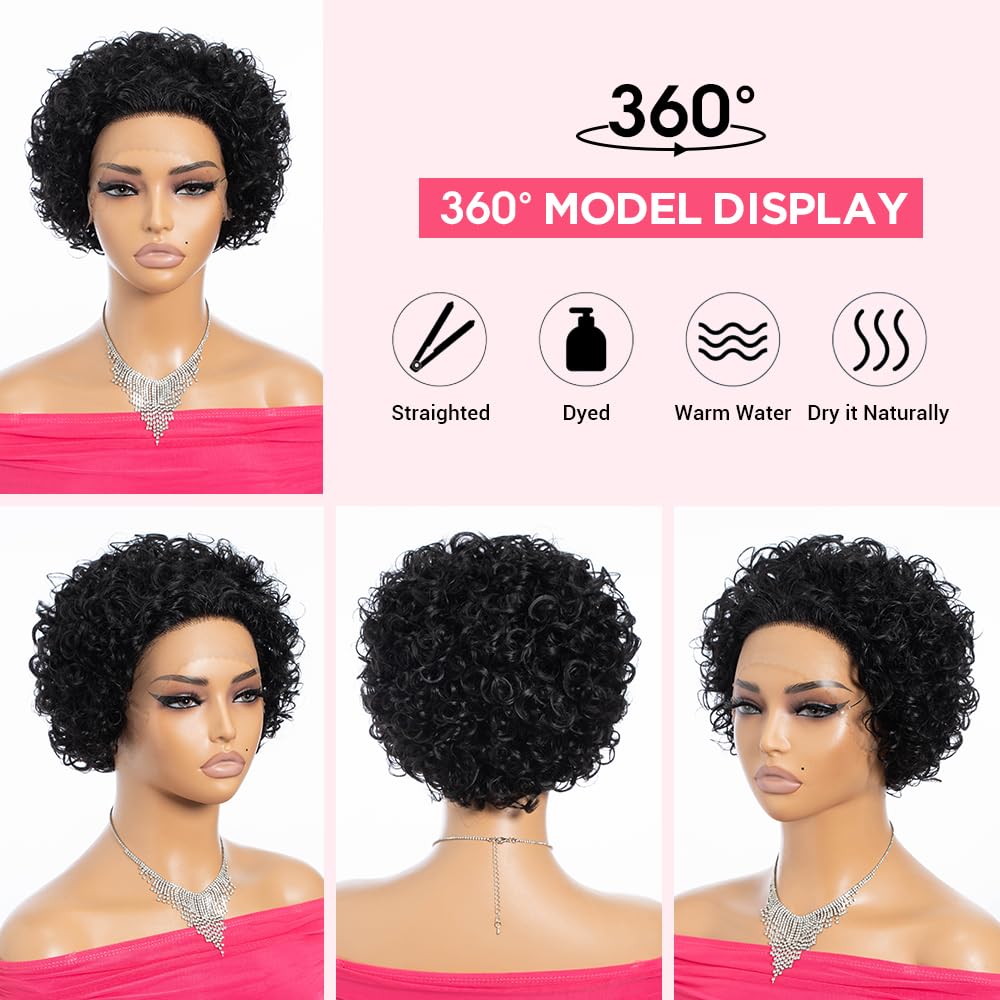 Rebecca Fashion 8 Inch Short Curly Lace Front Wigs Human Hair 13X1 Pixie Cut Curly Human Hair Wigs Short Wigs for Black Women Natural Color