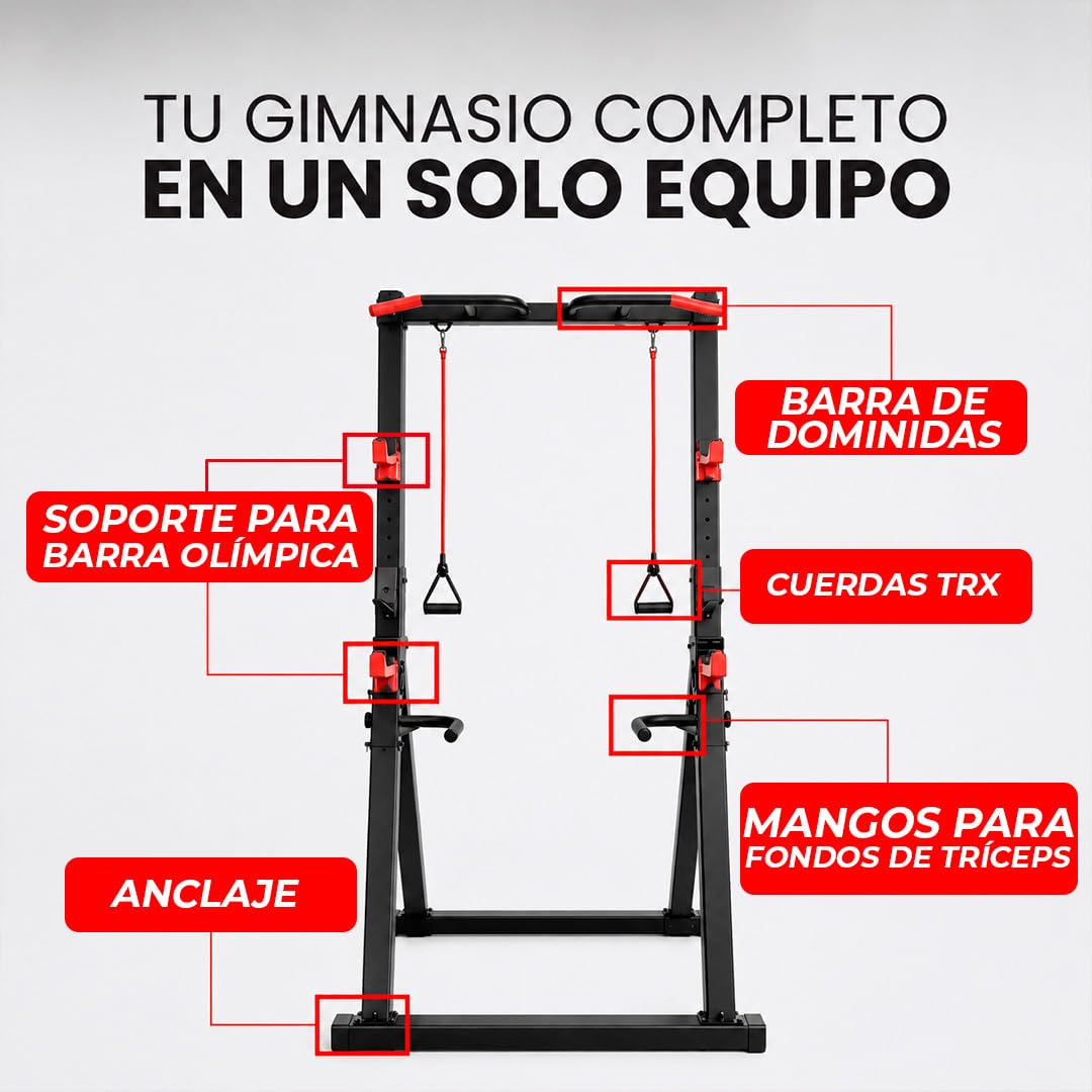 Maniboom Estación de Dominadas Plegable (200kg) - Rack Dominadas y Soporte para Barras Ajustable (175-225cm) - Pull Up Station Multifunción con Agarres para Fondos y Cuerdas TRX