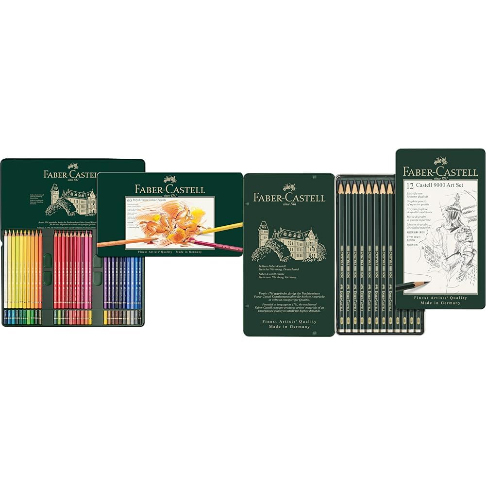 Faber-Castell 110060 Crayon de couleur Polychromos boîte métal de 60 pièces & 119065 Set Art de 12 crayons graphite CASTELL 9000