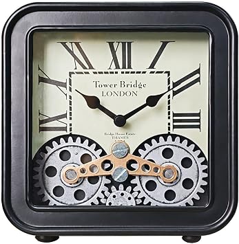 6 Inch Steampunk Desk Clock with Moving Gears, Vintage Metal Table Clock for Home Office Decor, Silent Non-Ticking Quartz Movement, Battery Operated Industrial Mantle Clock for Desk Shelfblack