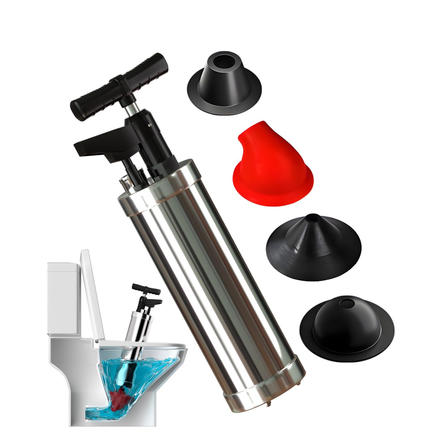 Desatascador Tuberias a Presion con 4 Ventosas, Desatascador de Aire Comprimido, Desatascador WC con Barómetro, Bomba de Desatasco, para Baño, Inodoro, Bloqueo de Tuberías