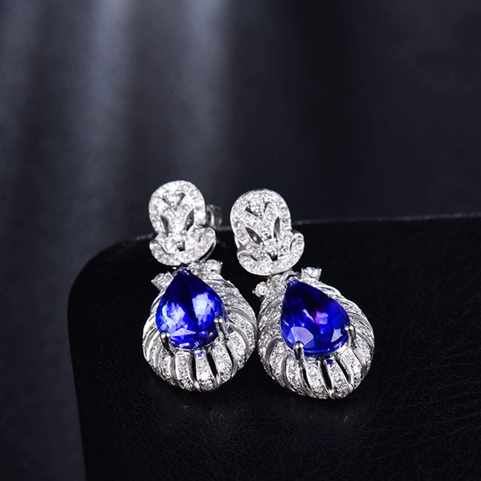 Weißgold Ohrringe Hochzeit 9K / 14K / 18 K Damen, Wassertropfen mit Tansanit 3 Karat und Diamant, Ohrringe Hängend Blau Silber Damen