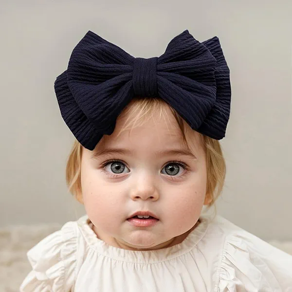 Yheahin Baby Girl Soft Nylon Bow Elastic Headband Turban Toddler Infant Bow-knot Stretchy Hair Band Birthday Party Hair Bow Ribbon Accessories for Newborn Baby (Bow 2 - Dark blue, Elastic)