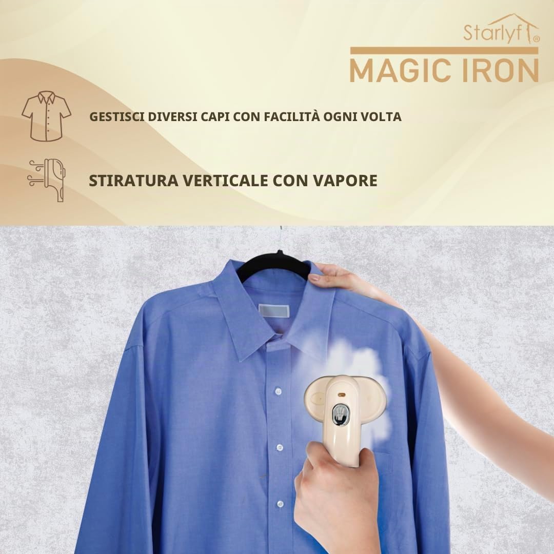 STARLYF Magic Iron Vaporizzatore per biancheria da mano, riscaldamento rapido, 20 secondi, serbatoio 100 ml, doppia funzione a secco e umido, manico girevole a 90°, piastra triangolare, design