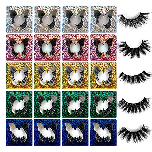 JIMIRE False Eyelashes 20 Pairs 5 Styles Mixed Fluffy Lashes Pack 3D Natural Volume Faux Mink Lashes with Portable Glitter Paper Eyelash Box Fake Lashes Bulk