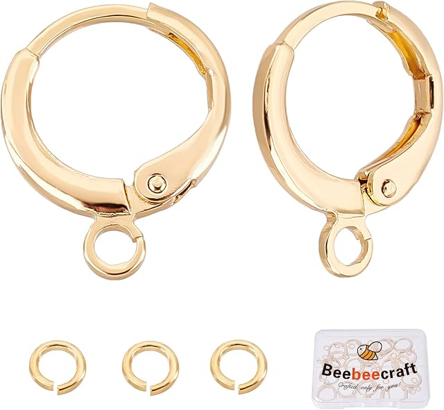 Beebeecraft 20Pcs/Box Round Earring Hooks 18K Gold Plated Leverback Hoop Earring with Loop 14.5x11.5mm French Ear Wires with Jump Ring DIY Jewellery Making