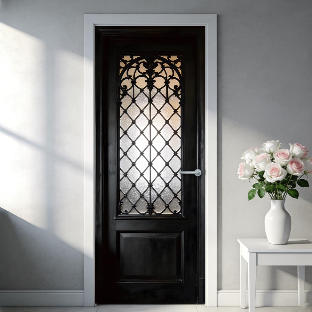 TNKBREEZE 2Pcs Home Office Door Decals Grille Glass Door Cover Stickers Realistic Doors Self-Adhesive Doors Wallpaper for Livingroom Balcony Cafes Bathroom Black