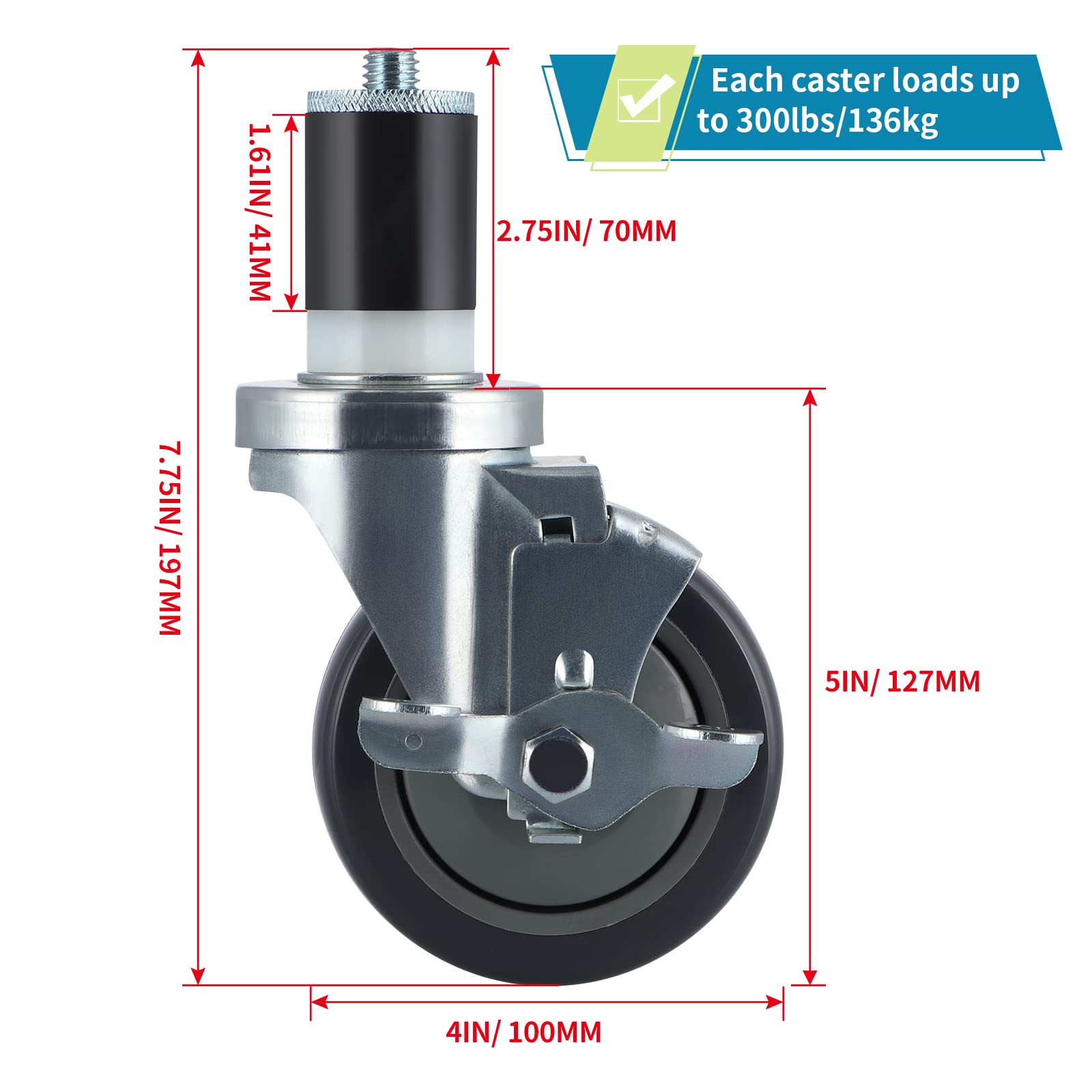 Skelang 4 ruote a stelo espandibile da 10,2 cm, in acciaio inox, con freni, ruote resistenti per tavoli da lavoro da cucina commerciali con tubo da 38 mm, capacità di carico totale 400 kg