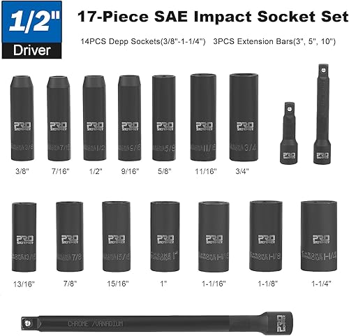 Miniatura 2 de Prostormer - Juego de llaves de vaso de impacto de 12", 17 piezas de 38 a 1-14 pulgadas, kit de enchufes profundos estándar SAE con barras de