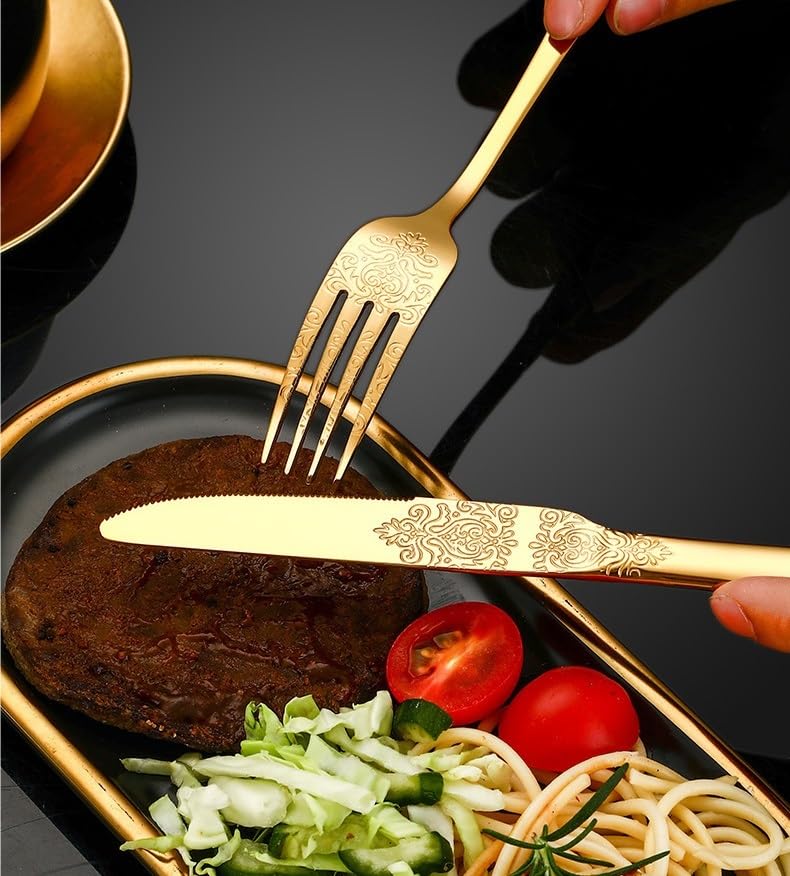Juego de Cubiertos de Acero Inoxidable con Mango Estampado, 5/20/30/40/50/60 Piezas, para Carne. Negro - 60 Piezas por 12 (arcoíris 50 Piezas por 10)
