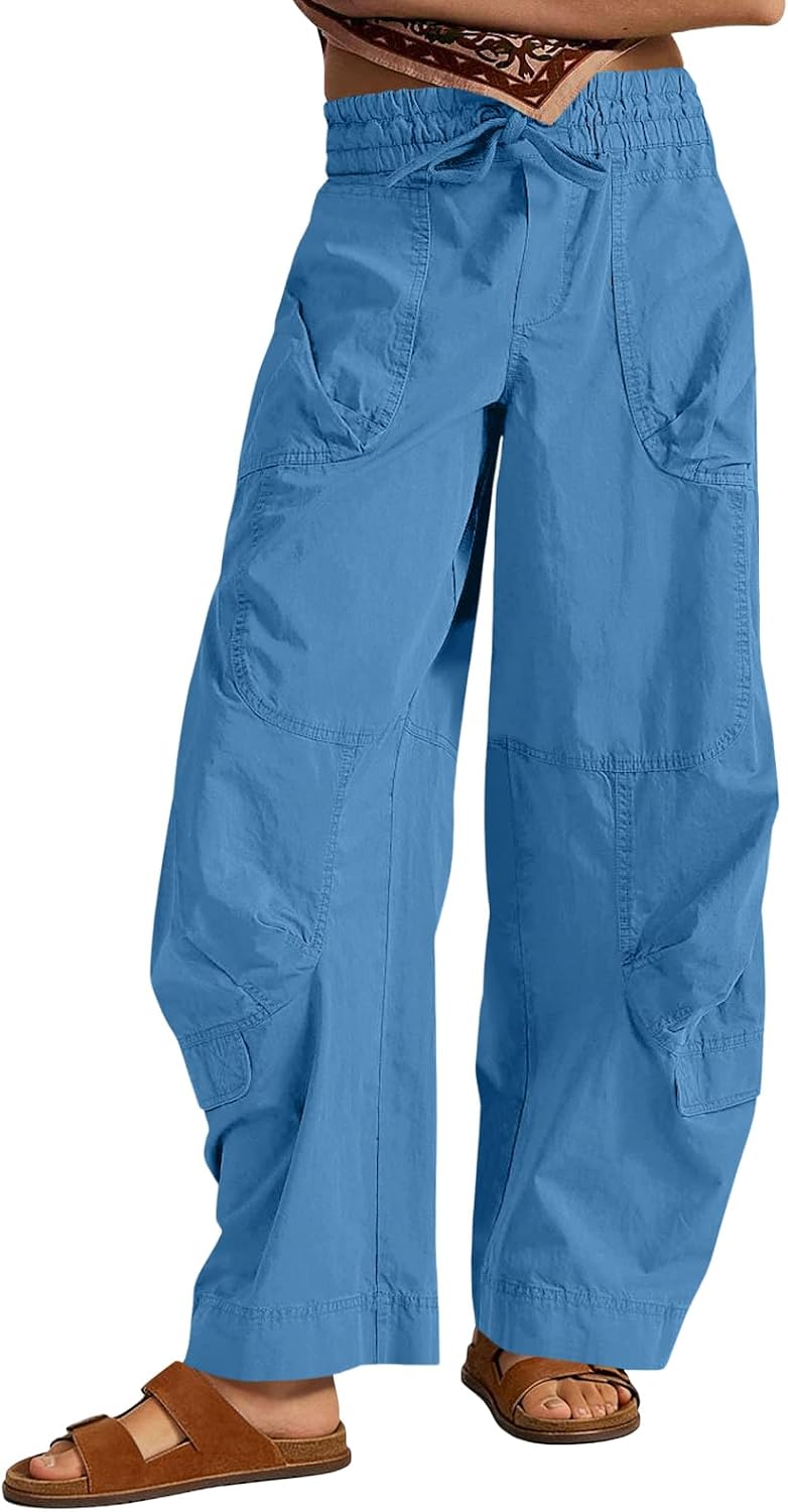 Aoysky Womens Baggy Barrel Wide Leg Pants Drawstring Elastic High Waisted Casual Loose Trousers Pockets