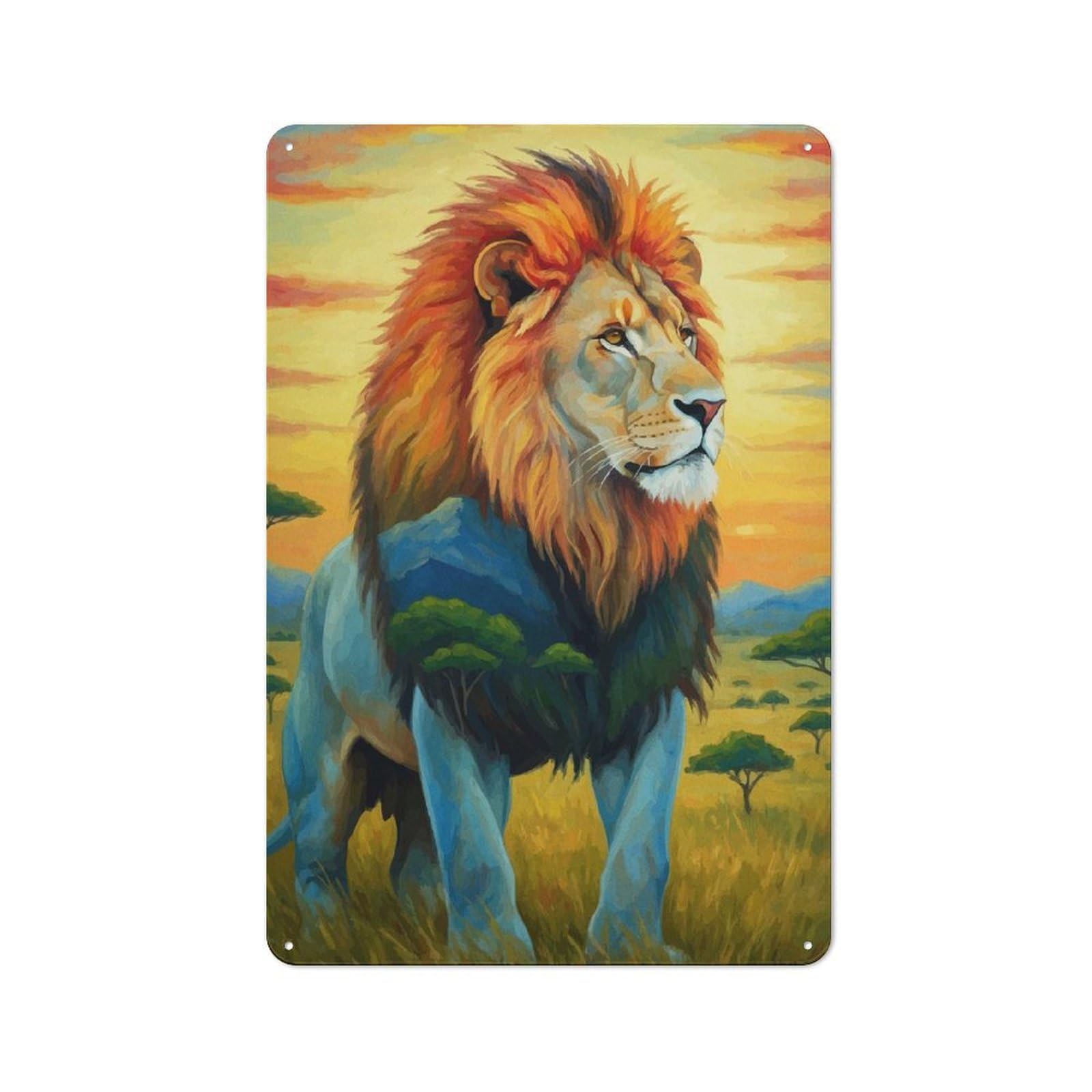 Junmoney Majestic Lion African Landscape Metal Wall Sign 30X20cm Featuring For Bar Or Restaurant, For Bar Decor Enthusiasts