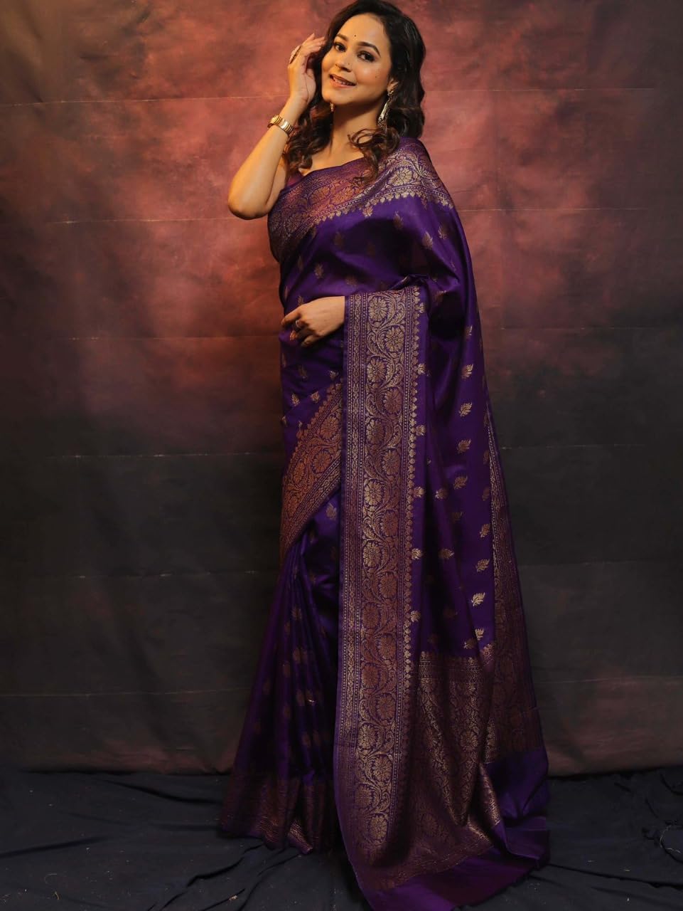 Flosive Women's Beautiful Purple Kanjivaram Pure Zari Woven Soft Silk Saree With Blouse
