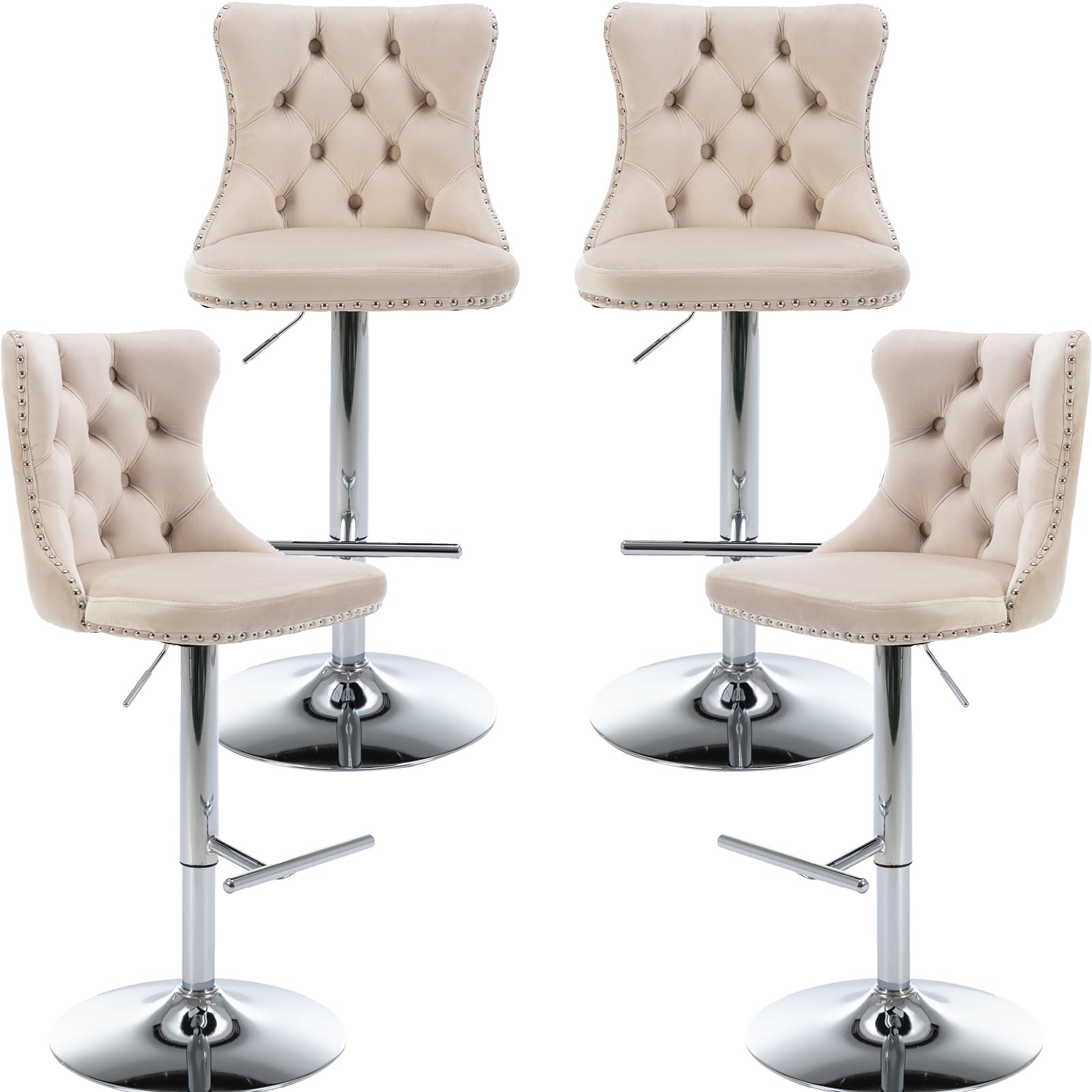 ODUSE-DAILY Cream Velvet Bar Stools Set of 4 - Adjustable Swivel Ivory Counter Height Chairs with Tufted Back and Nailhead Trim for Kitchen Island (