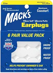 Mack's Tampões de ouvido de silicone macio para travesseiro – 6 pares, pacote econômico – Os tampões de ouvido originais de silicone moldável para dormir, ronco, natação, viagens, shows e estudar |