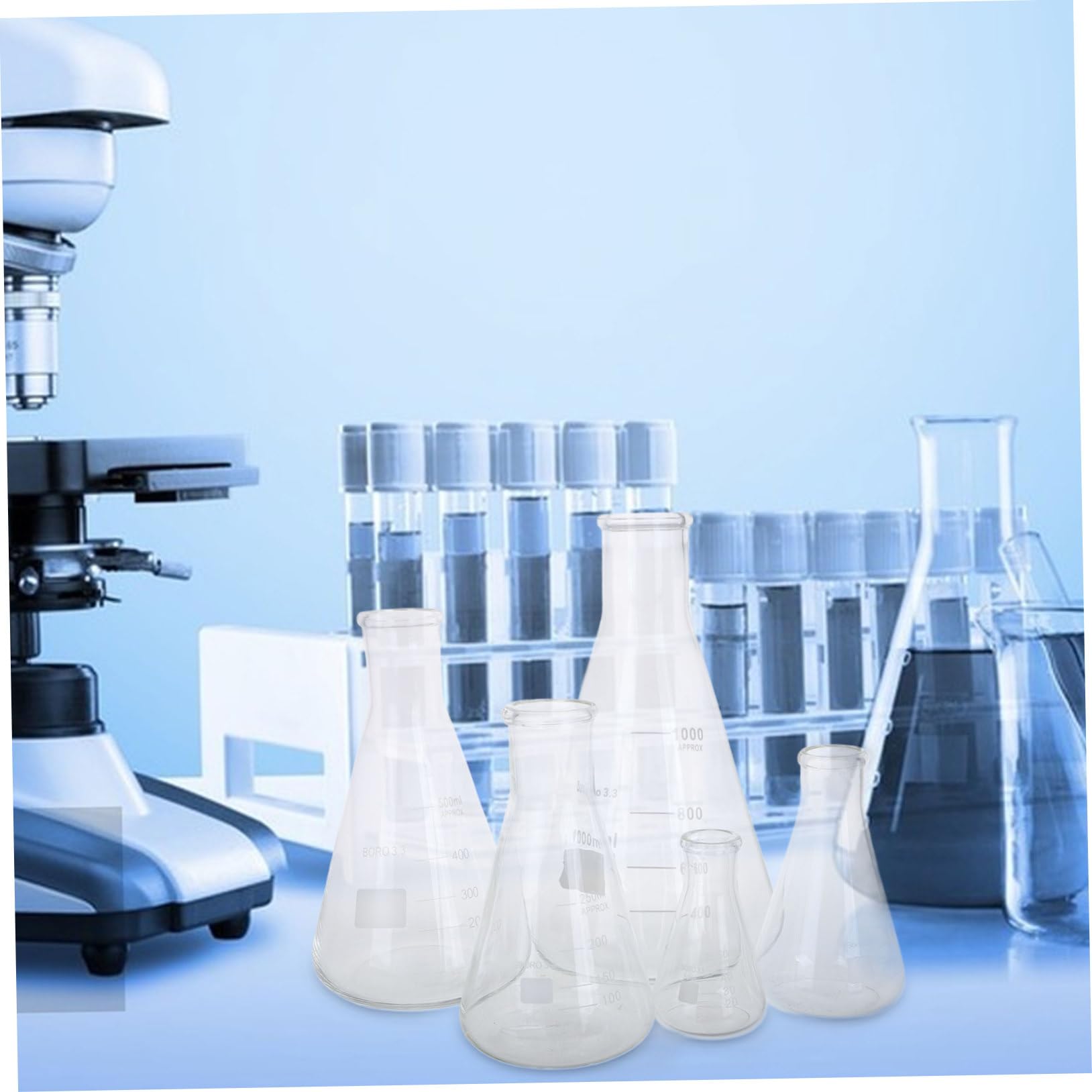 Matraces Erlenmeyer Capacidad de 50 Ml a 1 L Conjunto de 5 de Vidrio de Borosilicato Diseño Cónico Base Triangular Fácil de Llenar y Minimiza Derrames para Laboratorio