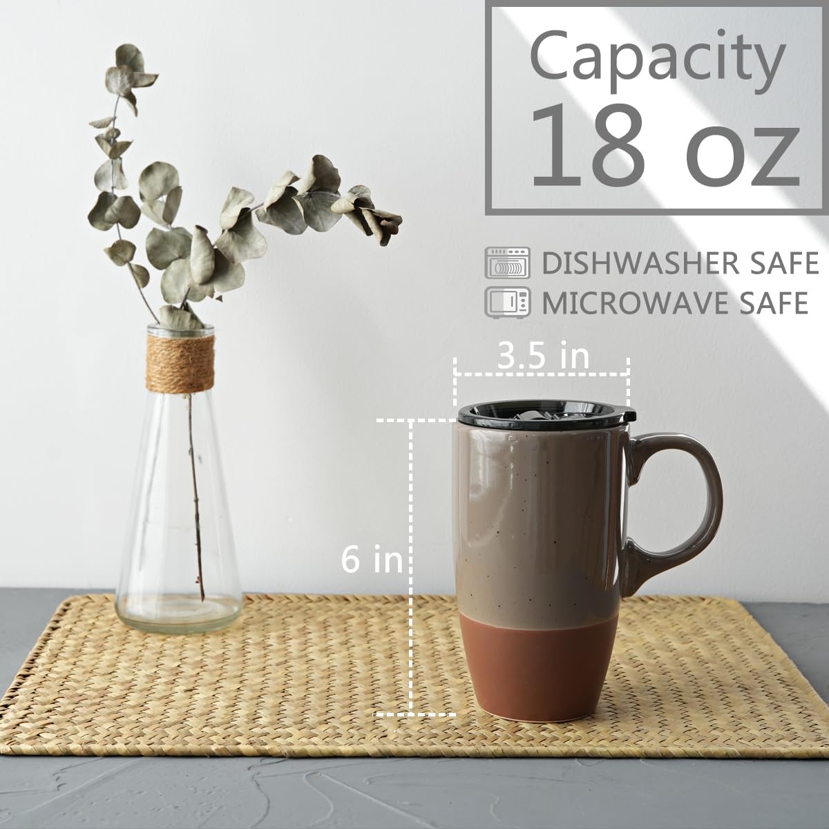 Bosmarlin Ceramic Travel Coffee Mug with Handle and Lid, 18 oz, Portable Coffee Cup for Car Cup Holder, Microwave and Dishwasher Safe (Grey) - Image 2