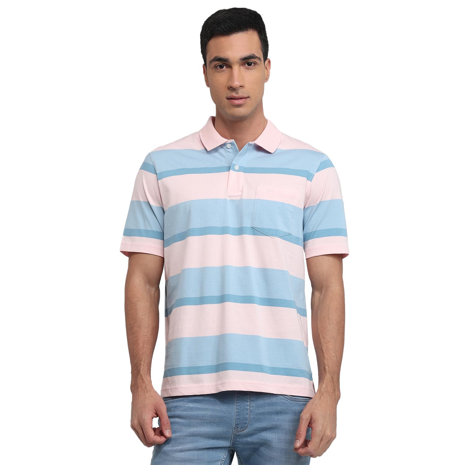 Colorplus Men Comfort Fit Stripe Pattern Pure Cotton Half Sleeve Polo Neck Casual T-Shirt-image-3