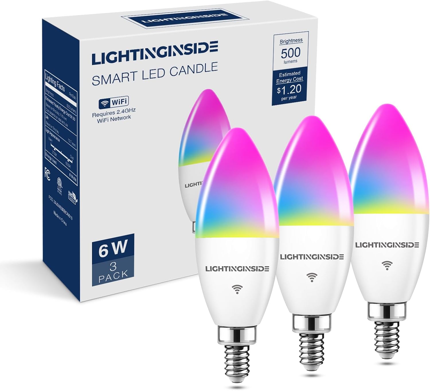 Lightinginside E12 Smart Light Bulbs 60W Equiv., 500LM 6W RGBCW Candelabra Chandelier Candle Bulb Works with Alexa/Google Home/Smart Life, 2.4G WiFi Bluetooth Bulbs, No Hub Required, ETL Listed, 3PCS 3 Count (Pack of 1)