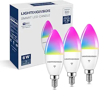 E12 Smart Light Bulbs 60W Equiv., 500LM 6W RGBCW Candelabra Chandelier Candle Bulb Works with Alexa/Google Home/Smart Life, 2.4G WiFi Bluetooth Bulbs, No Hub Required, ETL Listed, 3PCS