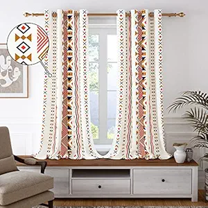 Story@Home Cotton Curtains for Window - 5 Feet with TieBack Boho Theme Aztec Print, White, Pack of 2