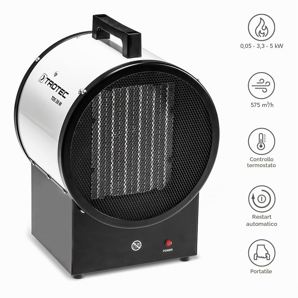 TROTEC TDS 30 M - Riscaldatore elettrico in ceramica, due livelli di riscaldamento e un livello di aria fredda separato, 5kW