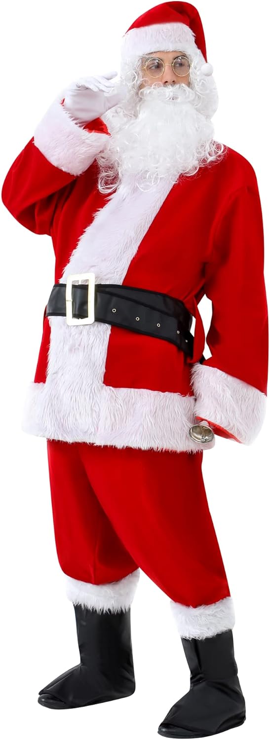 11pcs Men's Deluxe Santa Suit Velvet Christmas Adult Santa Claus Costume (Red, XX-Large) - Image 2