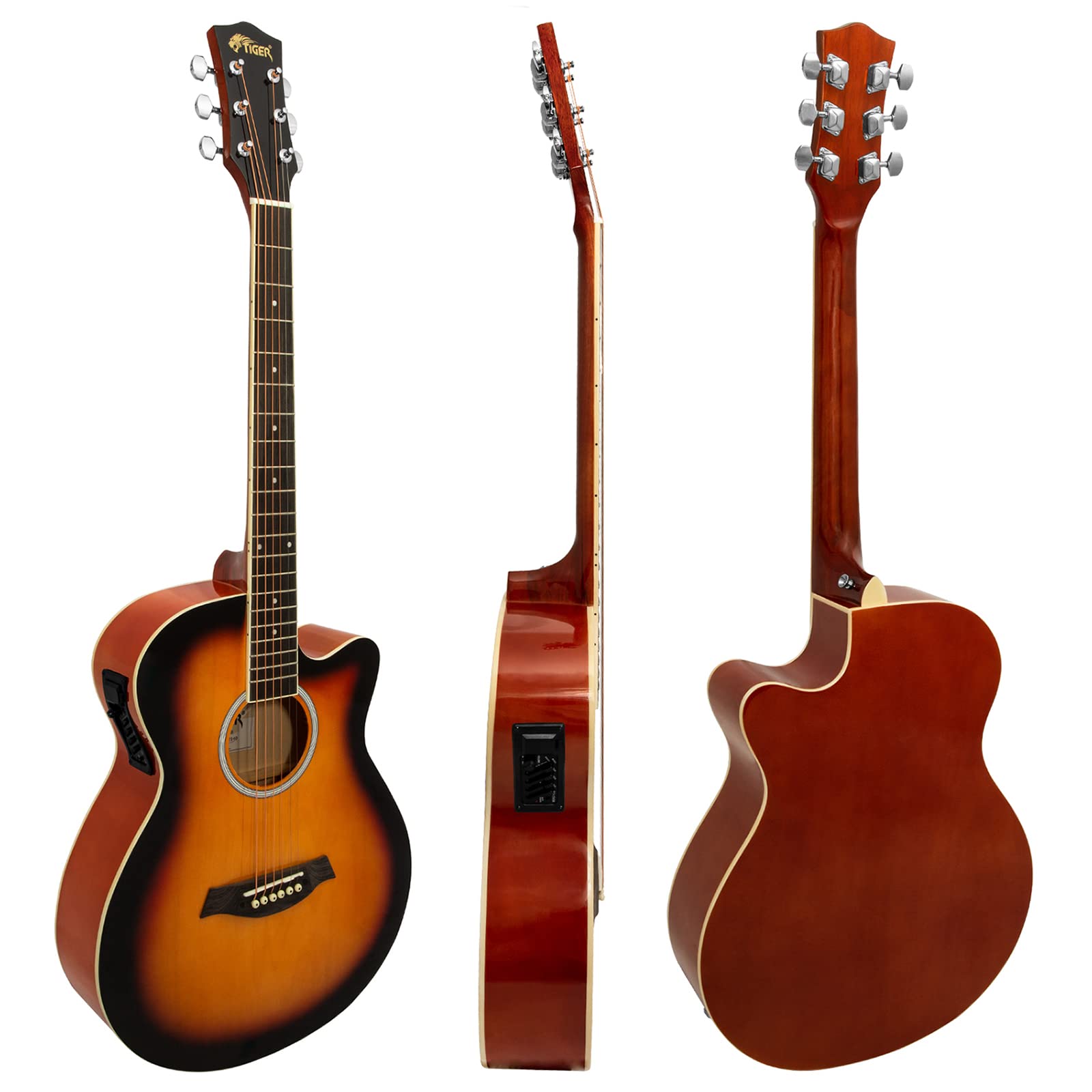TIGER ACG4-SB Chitarra elettroacustica 4/4 misura intera con equalizzatore a 3 bande - Custodia, tracolla e corde incluse - Sunburst