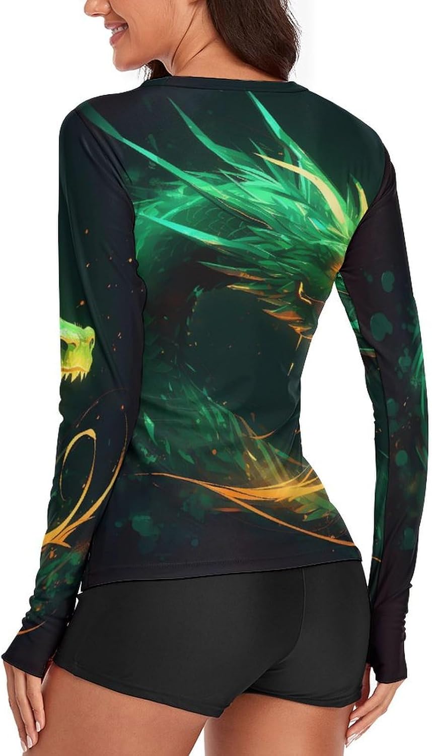 Green Dragon Rash Guard for Women UPF 50+ UV Sun Protection | Long Sleeve Workout Top Quick Dry Athletic Hiking Shirt Moisture Wicking Swim Shirt for Running, Cycling, Swimming