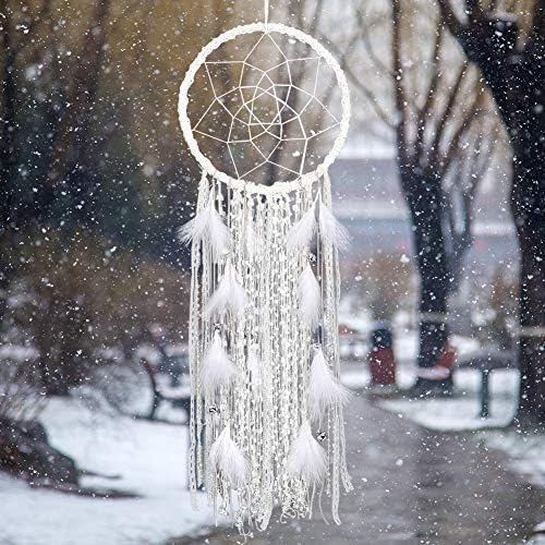 Dremisland Extra Large Dream Catcher Wall Hanging Decoration Handmade White Feather Boho Dreamcatchers with Bells Wedding Dream Catchers Bedroom Craft Xmas Decor (White)