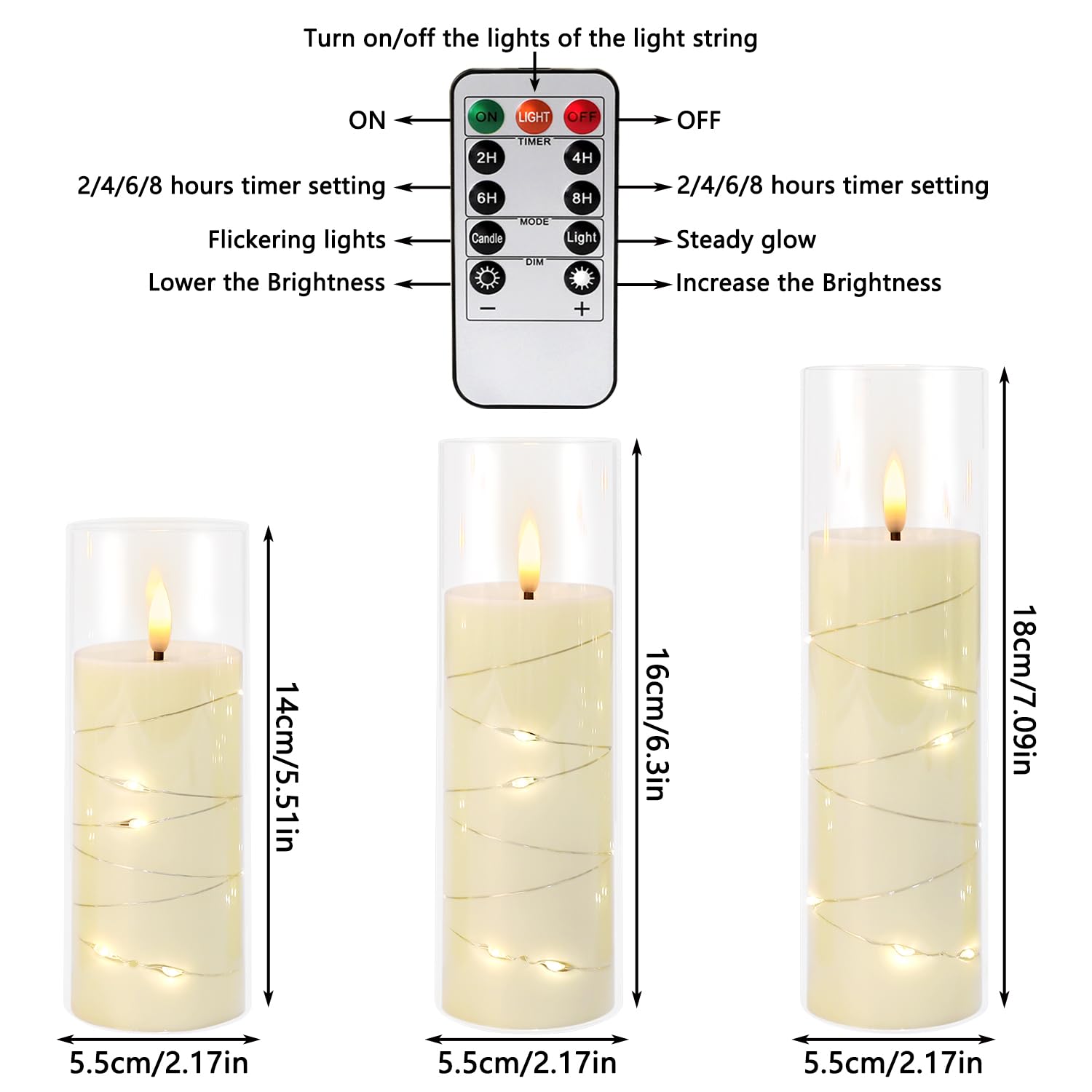 Confezione da 12 candele senza fiamma tremolanti color avorio, diametro 2,2 x altezza 12,7 cm, 15,2 cm, 17,8 cm, funzionamento a batteria, con telecomando, candele a LED bianche con stoppino