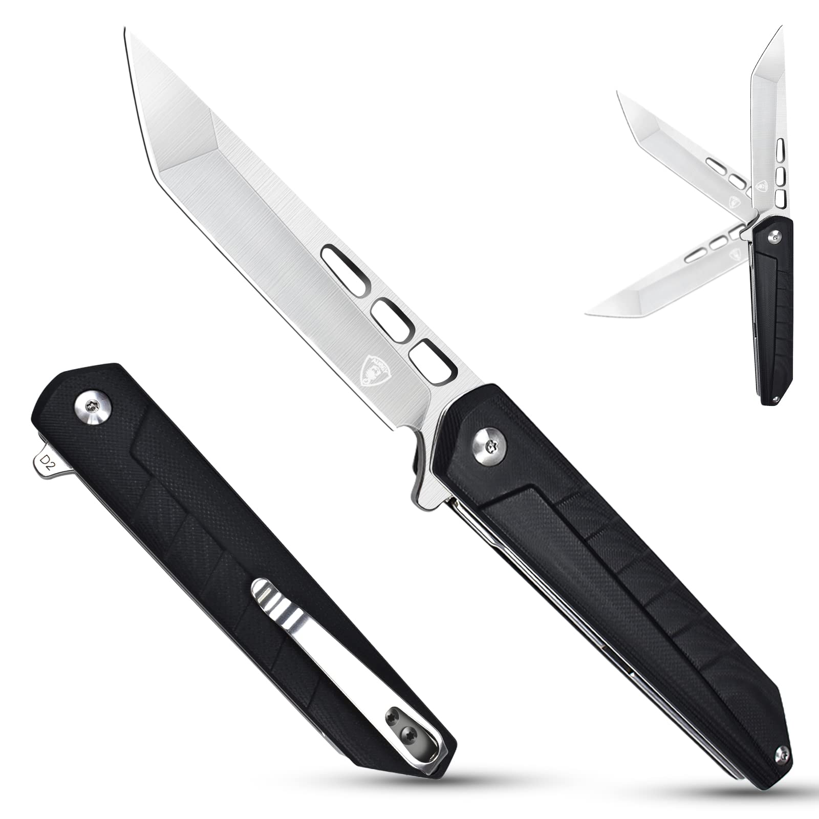 AUBEY Tanto Folding Pocket Knife, Sharp D2 Steel Knife with Liner Lock, Clip, G10 Handle and Glass Breaker, EDC Pocket Knife for Men Women Camping (Black)