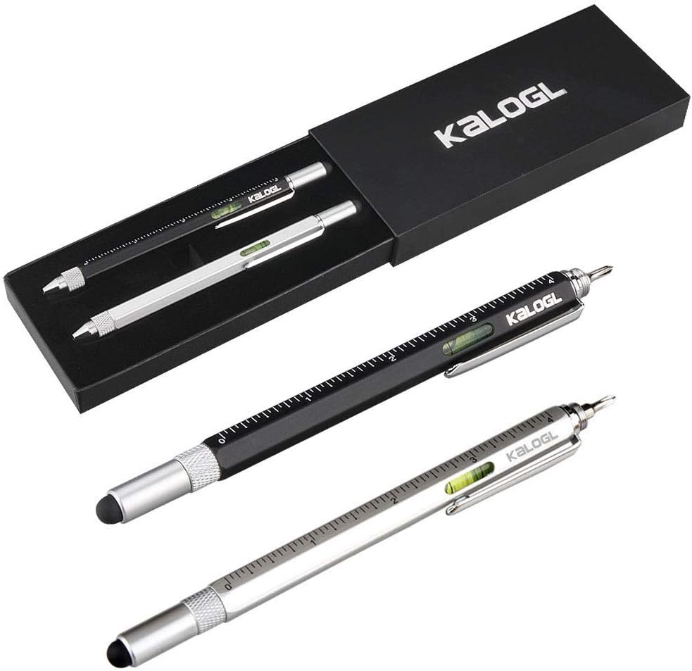 Kalogl Multitool Pen [2 Pack] Stylus Pen 9-in-1 Combo Pen [Functions as Touchscreen Stylus, Ballpoint Pen, 4" Ruler, Level, Phillips Screwdriver, and Flathead] Gift (Black/Silver)