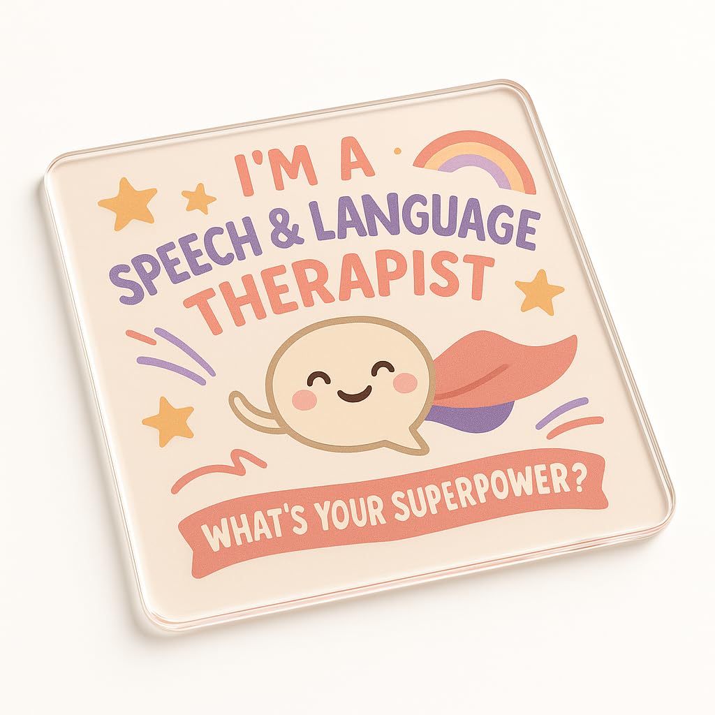 The Plum Penguin Speech Therapist Acrylic Coaster Gift With Superhero Cheers Design - Whimsical Thank You From Kids To Speech & Language Therapist