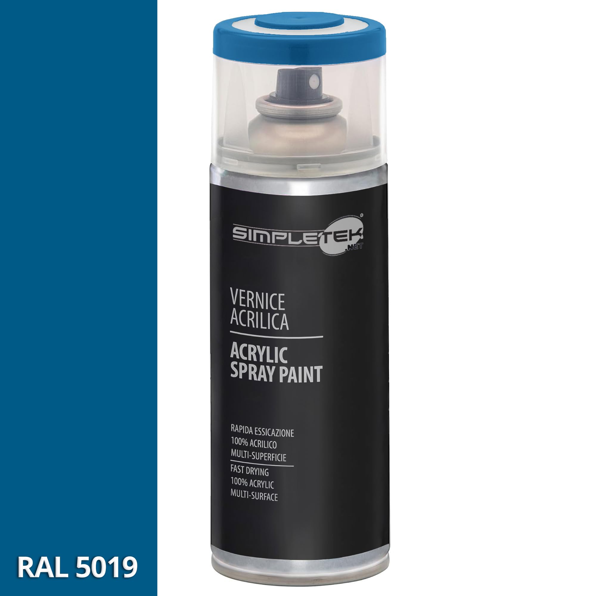 SIMPLETEK - 6X Bomboletta Vernice Spray Acrilico Blu Capri RAL 5019 Universale Multimateriale Rapida Asciugatura Interni Esterni 400ml (kit 6 pezzi)