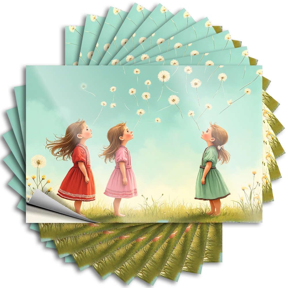 Decal Grunge Vinyl Sticker | Three Girls Blowing Dandelion Seeds in A Field. Spring for Ideas Use(8X12CM)
