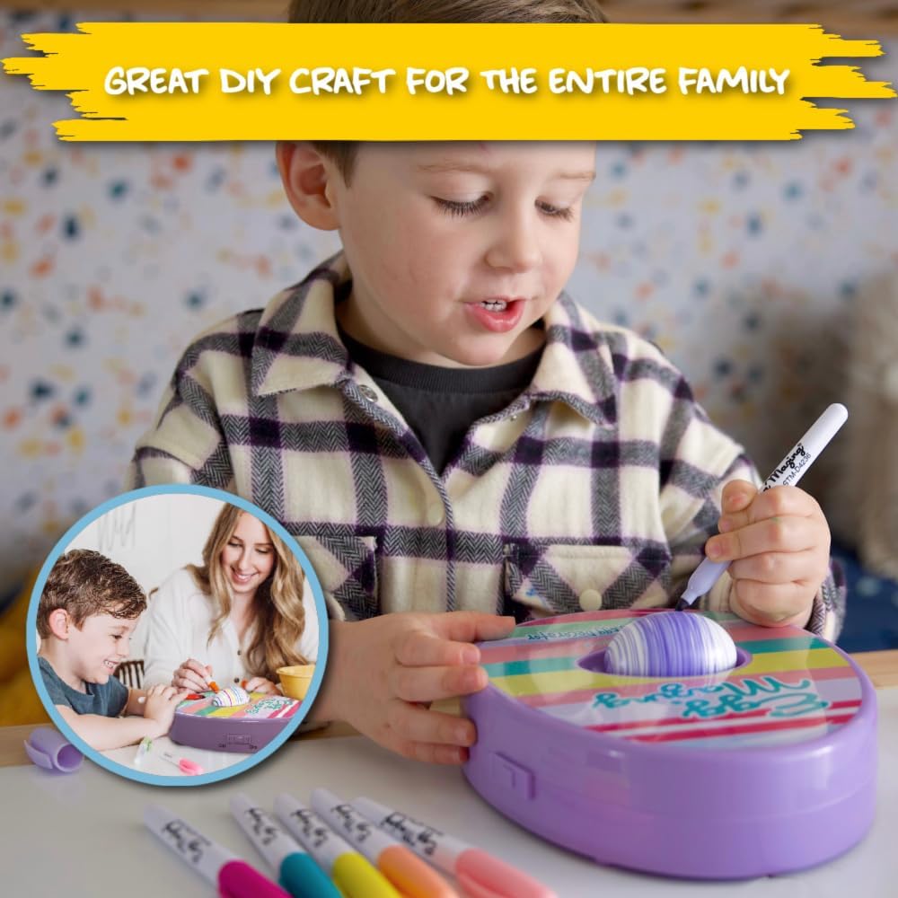 Eggmazing Egg Decorator Kit - Easter Egg Decorating Spinner with 8 Colorful Quick Drying Non Toxic Markers (Purple) - Arts and Crafts Set for Ages 3 and Up