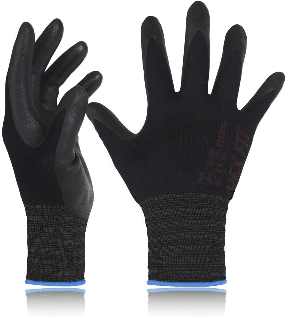 Nitrile Coated Work Gloves FN330-3D-Comfort Stretchy Fit, Firm Grip, Thin & Lightweight, Touchscreen Fingers, Protective & Durable, Breathable, Machine Washable; Black XS (6) 3 Pairs