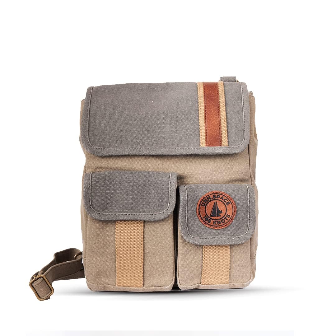 unn.space Unisex Tan & Blue Canvas Sling Crossbody Messenger Bag For College, Travel, Backpacking & Office...Rugged & Stylish | 15 Inches | Broad Adjustable Strap