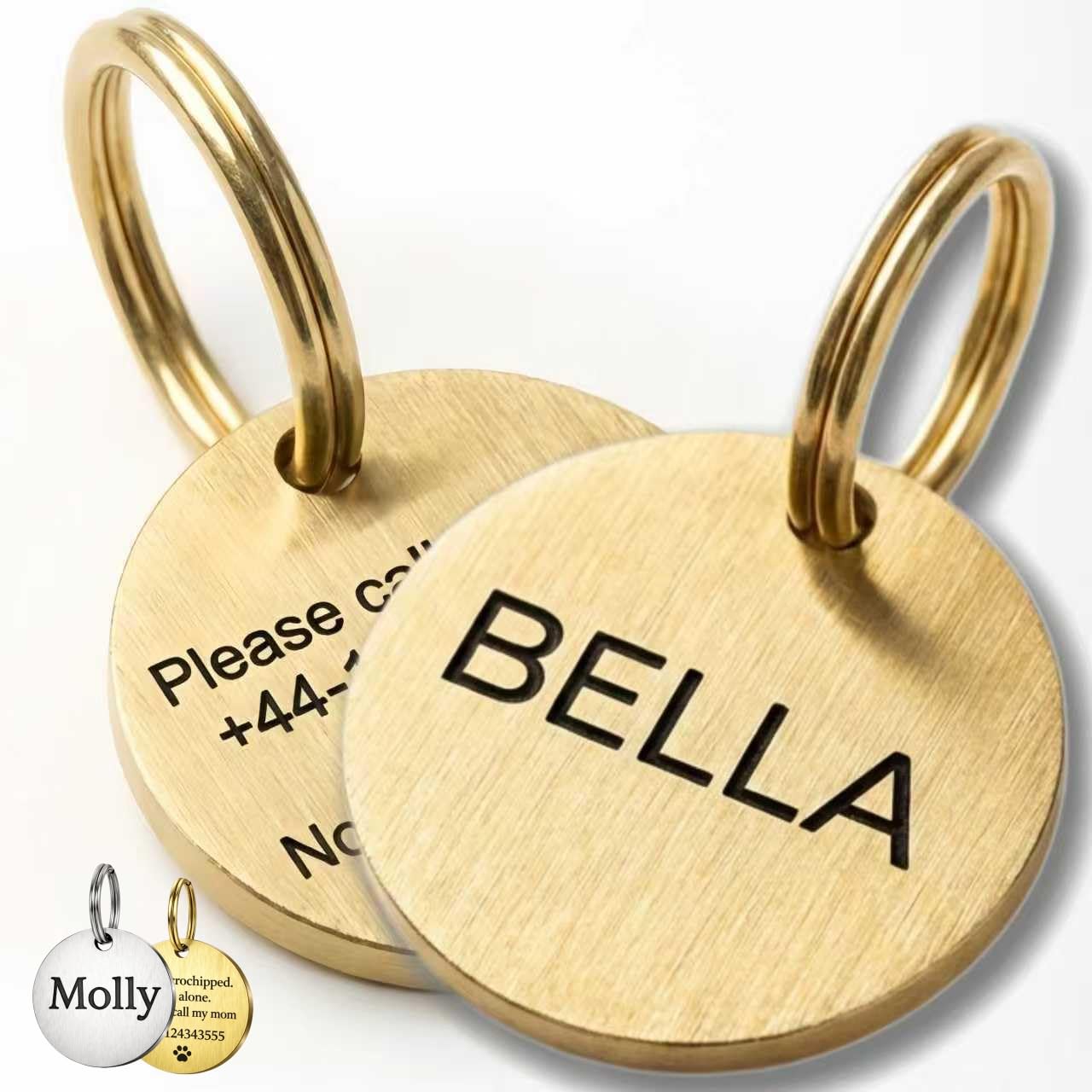 Pet ID Tag Personalized Double-Sided Solid Brass Dog Cat ID Tag - Deep Laser Engraved Name Tags for Dogs & Cats Durable Brushed Metal ID Tag, Hand-Finished in UK, Fast Delivery 20mm/25mm/30mm/35mm