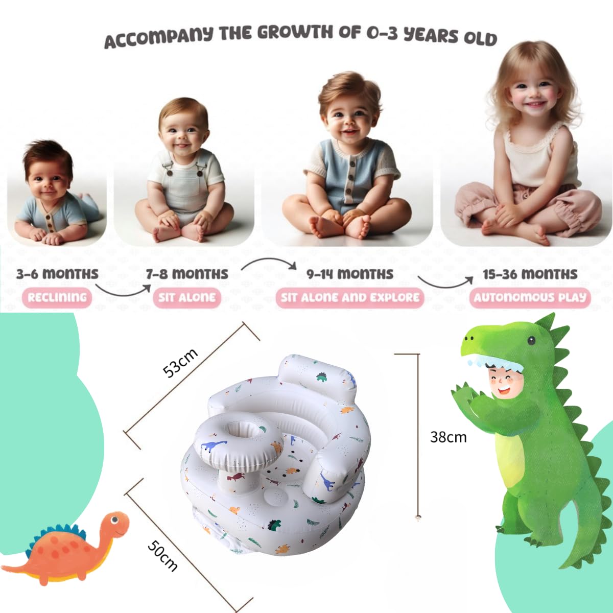 Seggiolino gonfiabile per bambini da 4 a 24 mesi con pompa ad aria integrata, supporto per la schiena per bambini, sedia per sedersi, sedia per baby shower, sedile (Dinosauro)