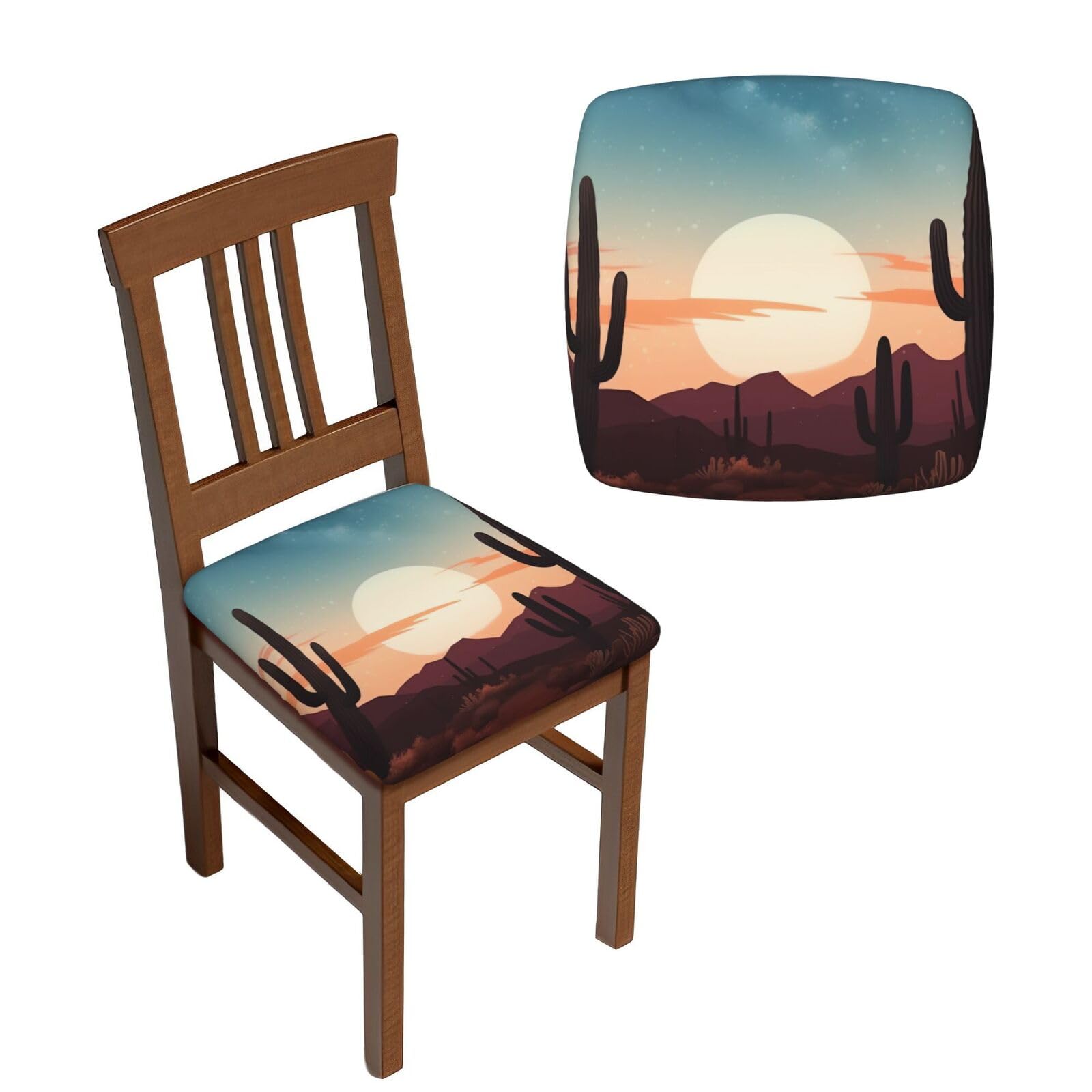 FodPand 2PCS Dining Chair Covers for Dining Room Desert with Cactus Chair Seat Cover Stretch Parsons Chair Slipcover Removable Washable Seat Cushion Slipcovers Cover for Kitchen Office