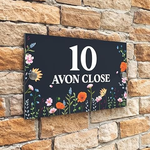 Badgemaster Modern Anthracite House Number Sign Plaque Stainless Steel Standoffs 20cm x 13cm Wild Flower Medow Cover