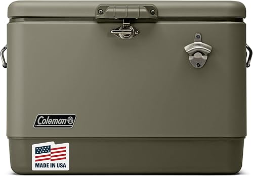 Coleman Reunion 54qt Premium Steel Belted Cooler, Portable Insulated Cooler with Latch, Handles, Drain & Bottle Opener, Great for Camping, Tailgating, Beach, Picnic, & More