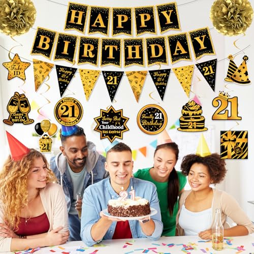 Image of 21st Birthday Decorations for Him - Black and Gold Happy 21st Birthday Banner with Hanging Swirls Streamers, Paper Pom Poms, Pre-Strung Party Decor Kit