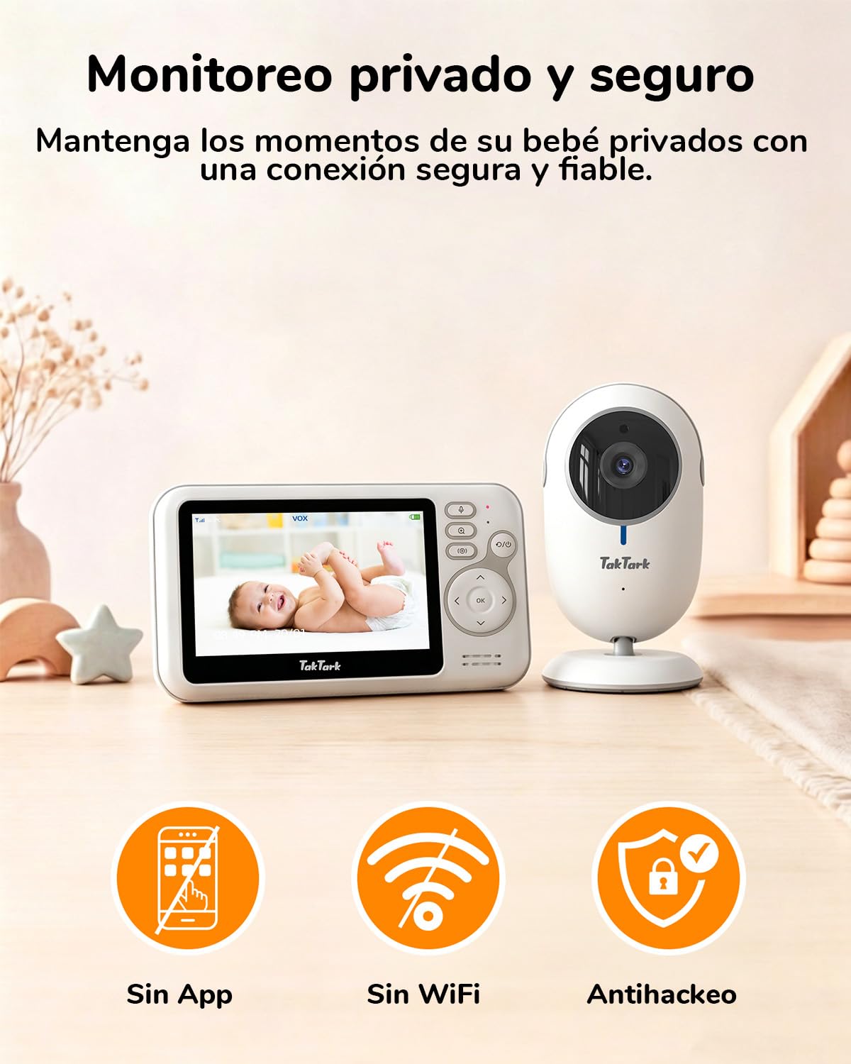 TakTark Camara Vigilancia Bebe, 4.3'' Vigilabebes Inalámbrico, Monitor con Visión Nocturna, VOX, Comunicación Bidireccional, Sensor de Temperatura, Sin Interferencias de Luz, Sólo Movimiento