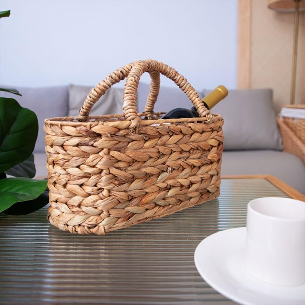 Panier en jacinthe d'eau tissée avec poignées, naturel, rectangulaire, 37 cm x 18,5 cm x 27 cm, sac de rangement et de pique-nique