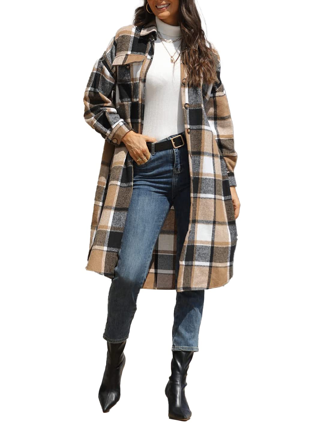 SukanyWomen's Casual Lapel Wool Blend Long Plaid Shirt Button Down Long Sleeve Jacket Shacket