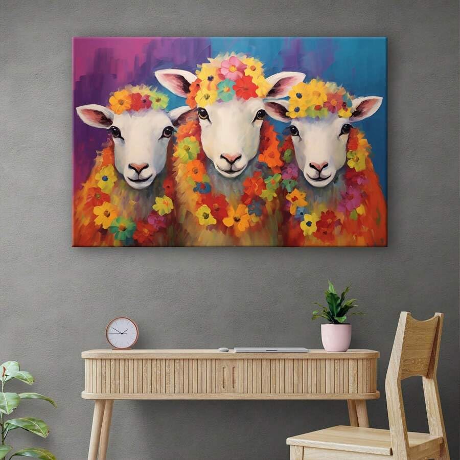 Tableau moutons et agneaux colorés pour égayer un mur vide
