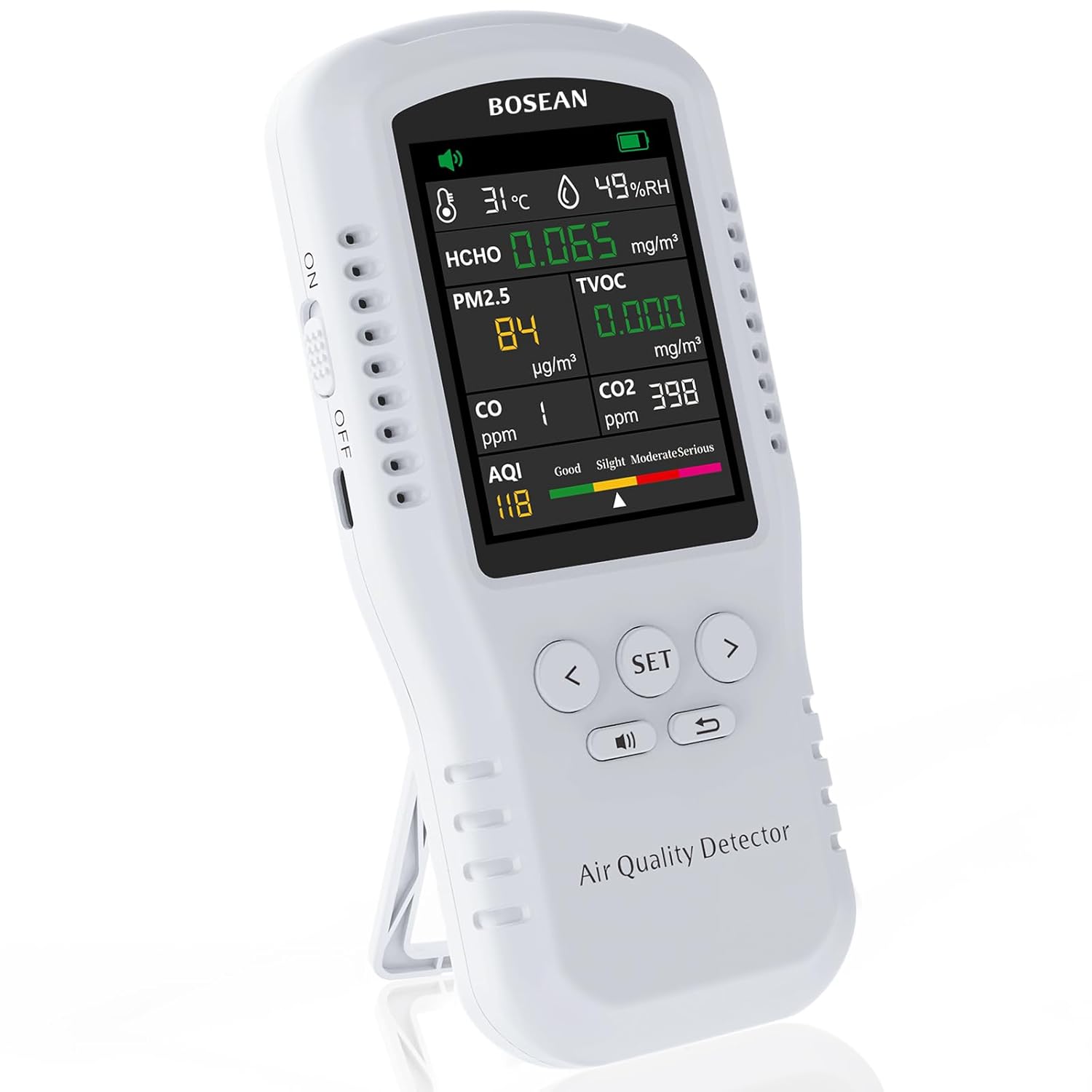 8-in-1 Indoor Air Quality Monitor, HCHO TVOC PM2.5 CO CO2 Detector, Formaldehyde Particulate Matter Temperature Humidity Meter, Real-Time Reader for AQI, Portable Tester with Kickstand in Home